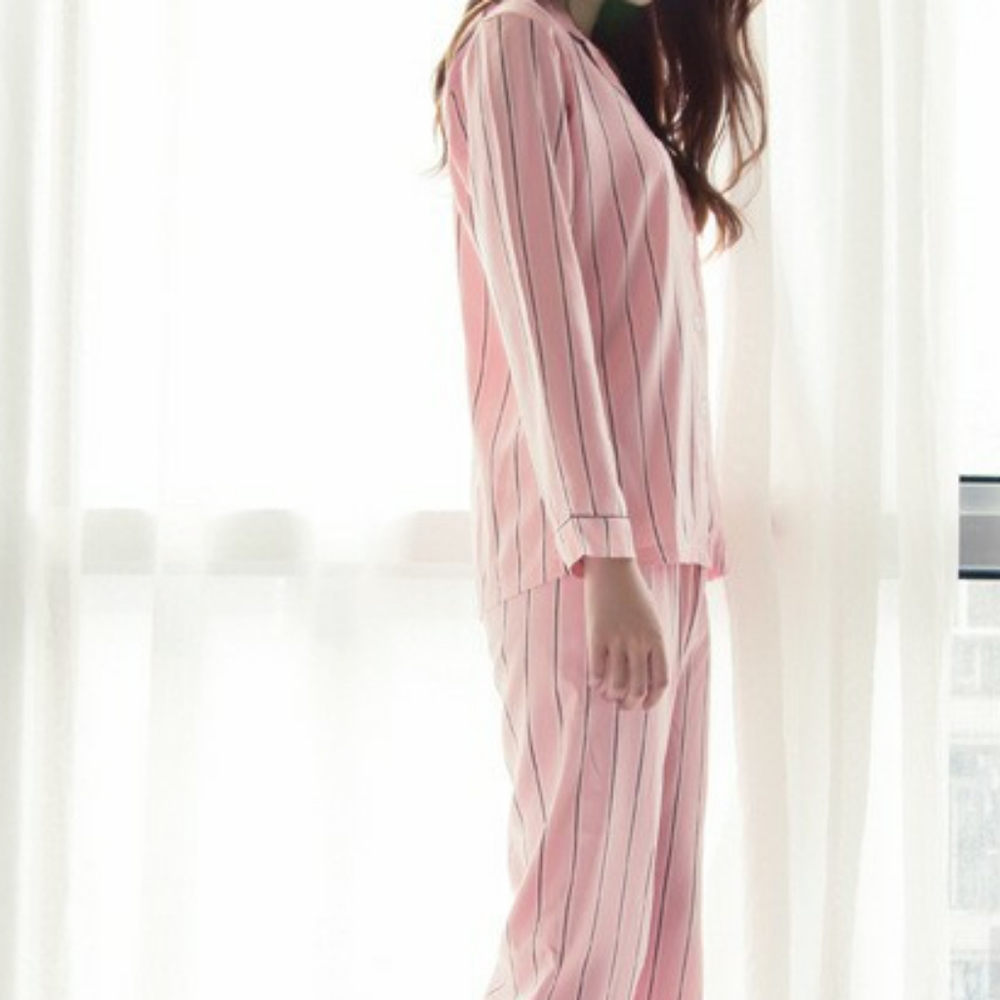 Cute Pink Stripe Pattern Silk Pajama Set